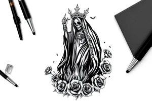 Powerful and evil Santa muerte rising from the flames and ashes of hell, surrounded by unclaimed souls and roses tattoo idea