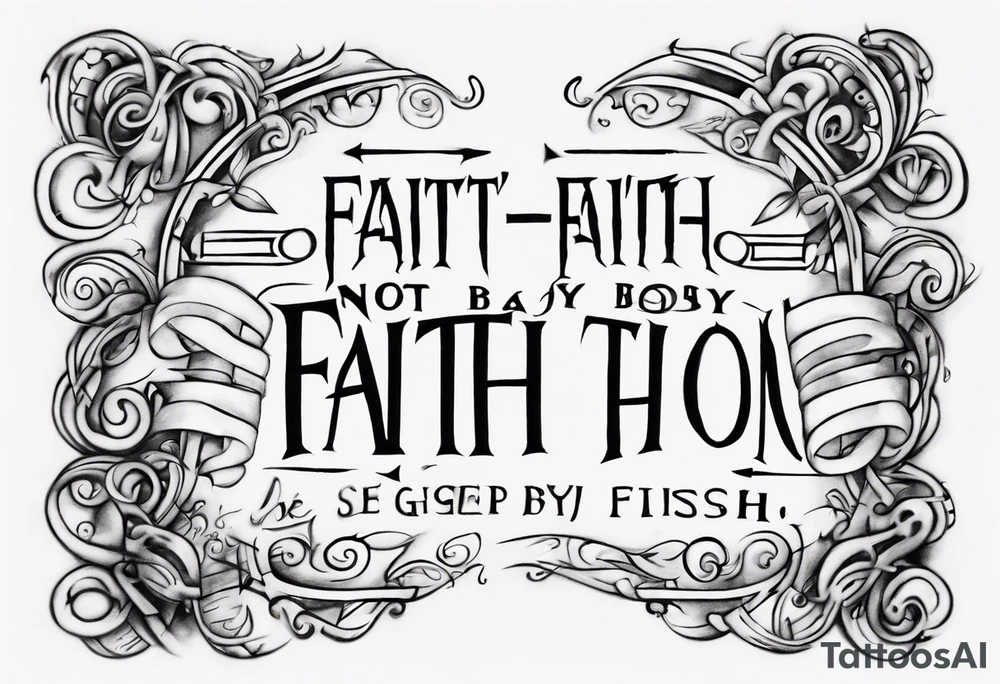 Horizontal inner bicep tattoo. “walk by faith, not by sight” stairwell wrapping around the quote. This design captures the essence of the journey guided by faith. tattoo idea
