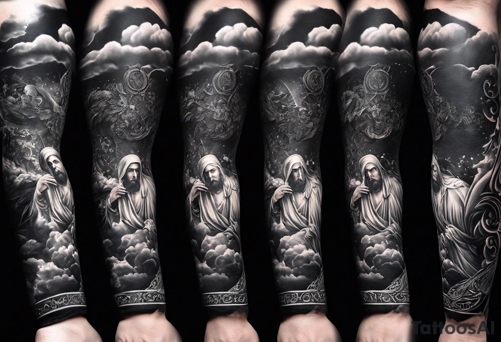 Forearm sleeve that is christian detailed and has saints make the tattoo have clouds as shading to connect it tattoo idea