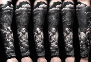Forearm sleeve that is christian detailed and has saints make the tattoo have clouds as shading to connect it tattoo idea