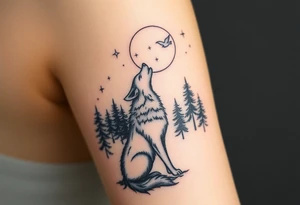 Lone wolf howling at the moon stars in the night sky in a forest with a little dove in the sky tattoo idea