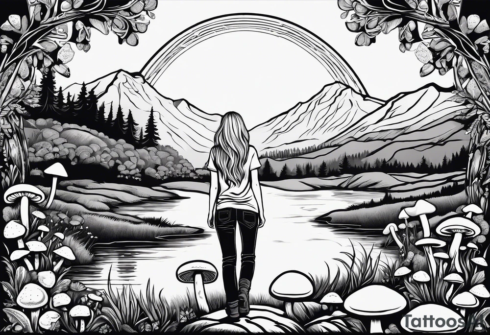 Whole picture within a circle Straight long blonde hair hippie girl in distance holding mushrooms in hand facing away toward mountains and creek surrounded by mushrooms tee shirt hiking pants hiking boots tattoo idea