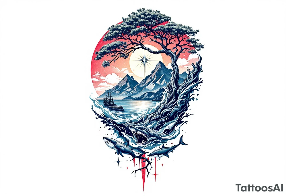 tattoo that has an acacia tree with mountains, ocean with a ship wreck with sharks and the bright northern star tattoo idea