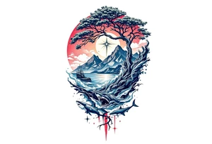 tattoo that has an acacia tree with mountains, ocean with a ship wreck with sharks and the bright northern star tattoo idea