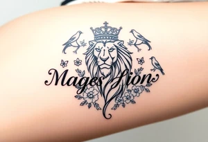 powerful majestic lion with a crown, surrounded by floral ornaments and birds tattoo idea