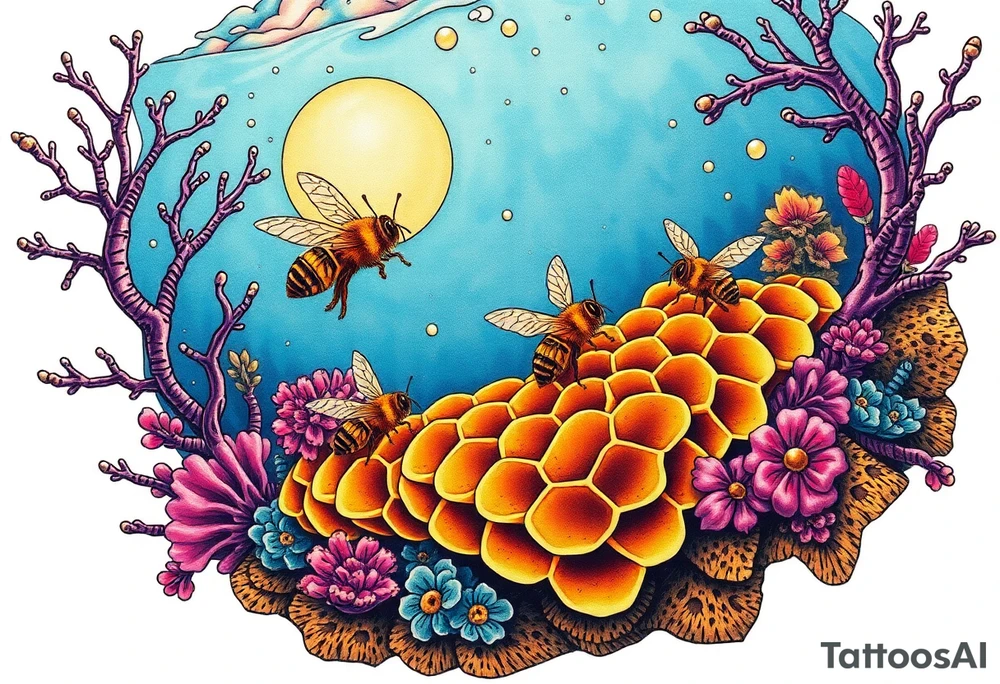 Coral reef scene with honey bees swimming on honey comb tattoo idea