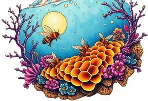 Coral reef scene with honey bees swimming on honey comb tattoo idea