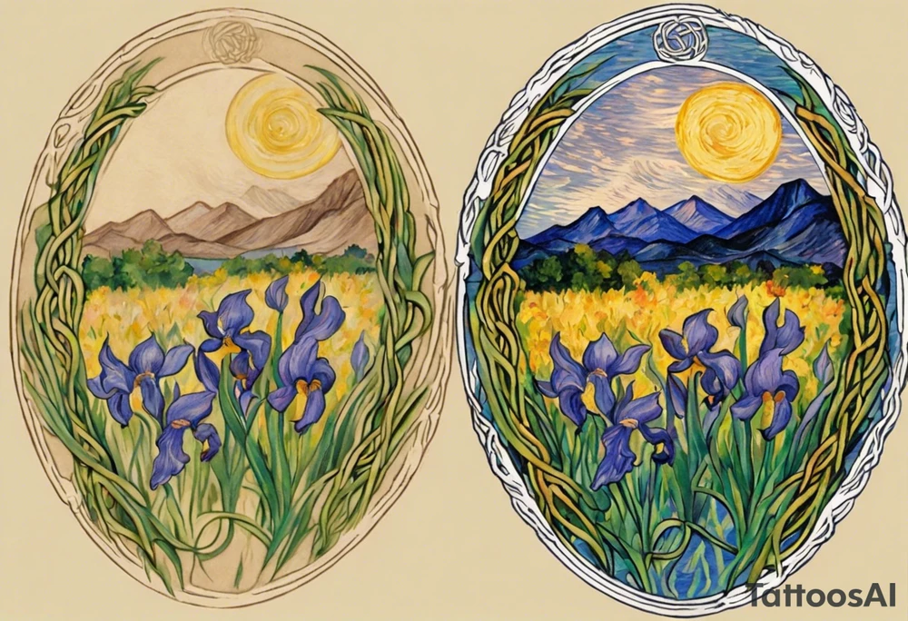 Create a small colorful Vincent van Gogh Irises tattoo in the form of a crescent, with vines or Celtic knots gracefully intertwining at a central point in the middle of the wreath.  In the middle of the wreath are mountains and other items found in New Mexico. Ensure that the design avoids the appearance of a bush and maintains a more structured and deliberate arrangement. The intended placement is on the upper chest. The overall design should be small in size while maintaining a delicate and artistic aesthetic. Pay attention to the graceful flow of the vines and the placement of the irises to achieve a refined and elegant look. tattoo idea