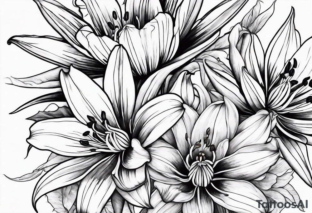 lily, marigold, tulip, cosmo, and aster tattoo idea