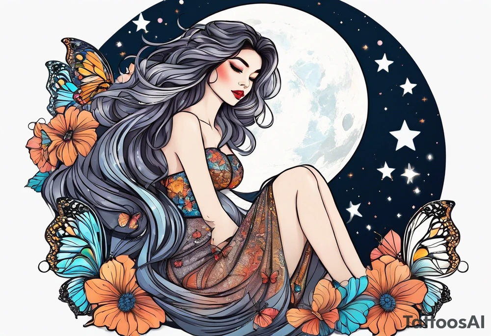 Beautiful woman with butterflies in her long wavy hair sitting on a half moon, with a moon and star background tattoo idea