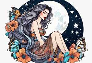 Beautiful woman with butterflies in her long wavy hair sitting on a half moon, with a moon and star background tattoo idea