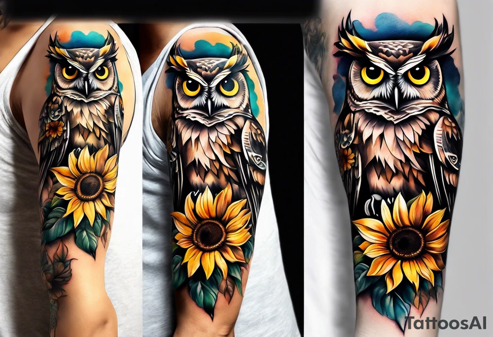 Owl with sunflowers leg sleeve tattoo idea