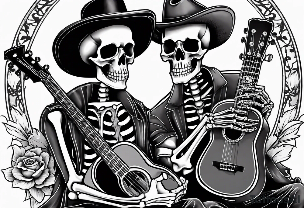 two skeletons. a female skeleton with hibiscus flower listening to a male skeleton play guitar . western style tattoo idea