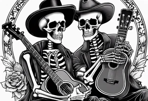 two skeletons. a female skeleton with hibiscus flower listening to a male skeleton play guitar . western style tattoo idea