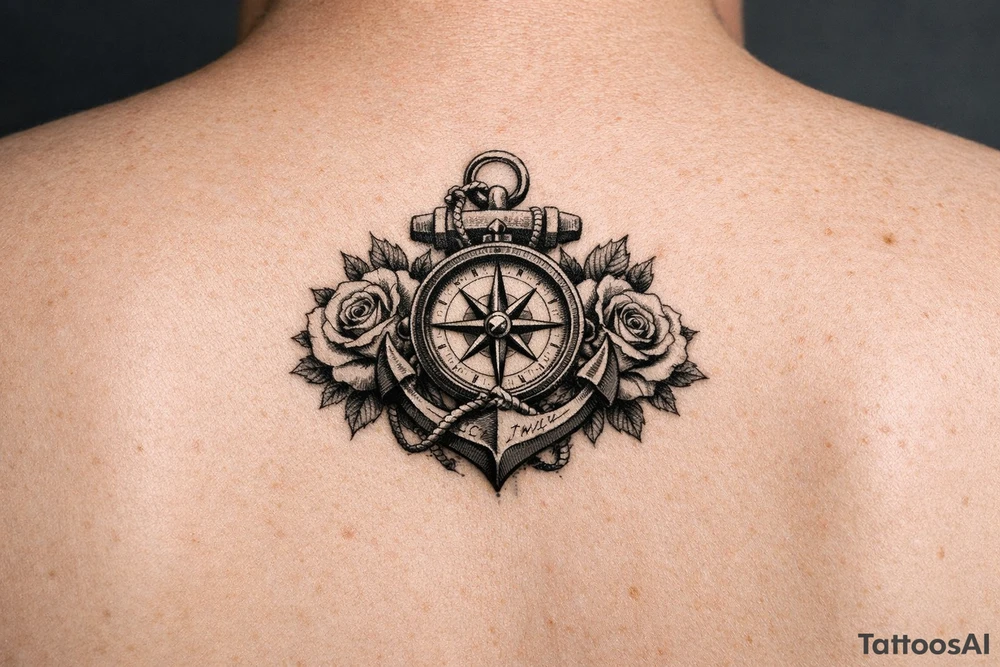 a compass,anchor,roses. tattoo idea