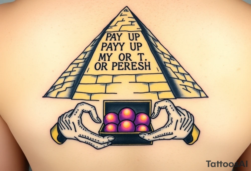 "Great Pyramid with 'PAY UP OR PERISH' carved in hieroglyphs. Alien hands (in white gloves) exchange a briefcase of glowing orbs.  

Style: 1950s pulp sci-fi. Colors: sand yellow/black/purple." tattoo idea