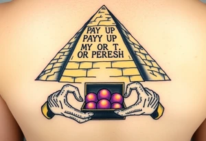 "Great Pyramid with 'PAY UP OR PERISH' carved in hieroglyphs. Alien hands (in white gloves) exchange a briefcase of glowing orbs.  

Style: 1950s pulp sci-fi. Colors: sand yellow/black/purple." tattoo idea