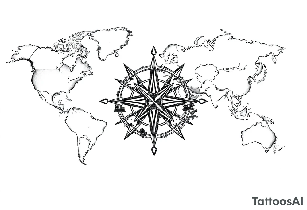 antique compass rose overlaid on weathered world map with sailing ships tattoo idea