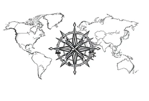 antique compass rose overlaid on weathered world map with sailing ships tattoo idea