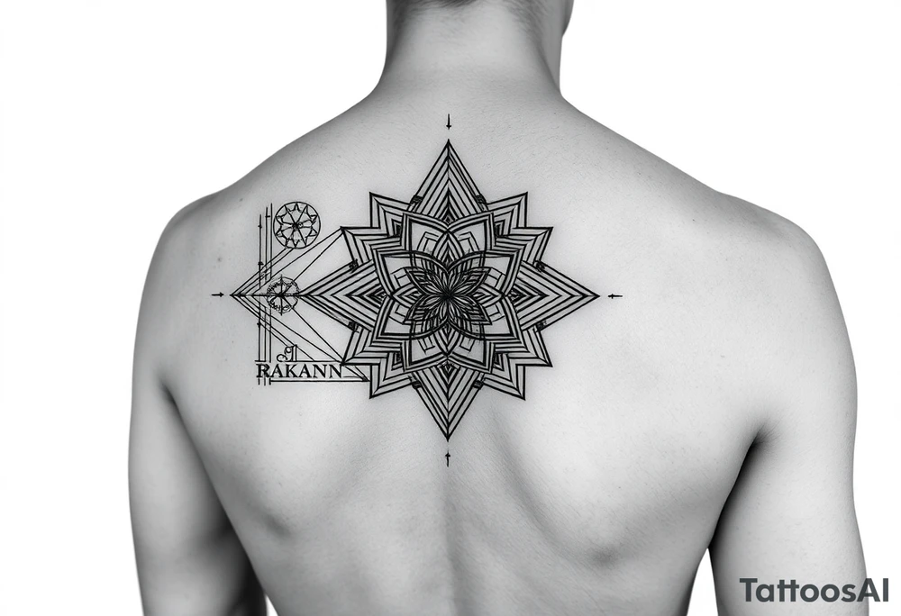 Black ink. Start from wrist, up to a few inches above the elbow, and wrap all around the arm. Use densely interwoven scared geometry symbols of peace, prosperity, health, compassion, and spiritual awakening and enlightenment. Interweave the word “Rakan” and the word “Dalea”. And finally, interweave this text:

All beings one body, I vow to liberate.
Blind passions one root, I vow to terminate.
Dharma gates one mind, I vow to penetrate.
The great Way of Buddha, I vow to realize. tattoo idea