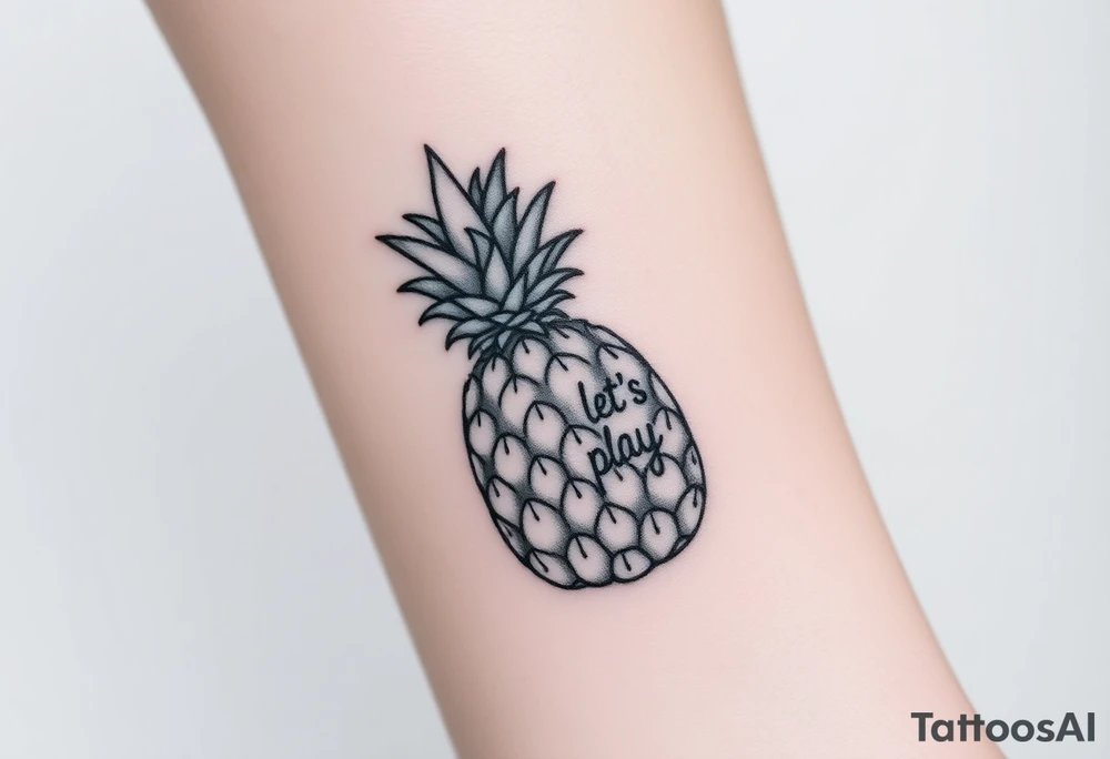 A black ink wrist tattoo featuring a realistic yet minimalistic pineapple. The pineapple is finely detailed with clean, precise lines, capturing the natural texture of the fruit while keeping the design subtle and uncluttered. Inside the body of the pineapple, the phrase "Let's play" is clearly placed in a bold but not overly thick font, ensuring readability while maintaining balance with the overall design. The leaves of the pineapple have a fine-line style with slight variations in thickness for a natural feel. The tattoo blends fine details with subtle bold elements, creating a clean and modern aesthetic. tattoo idea