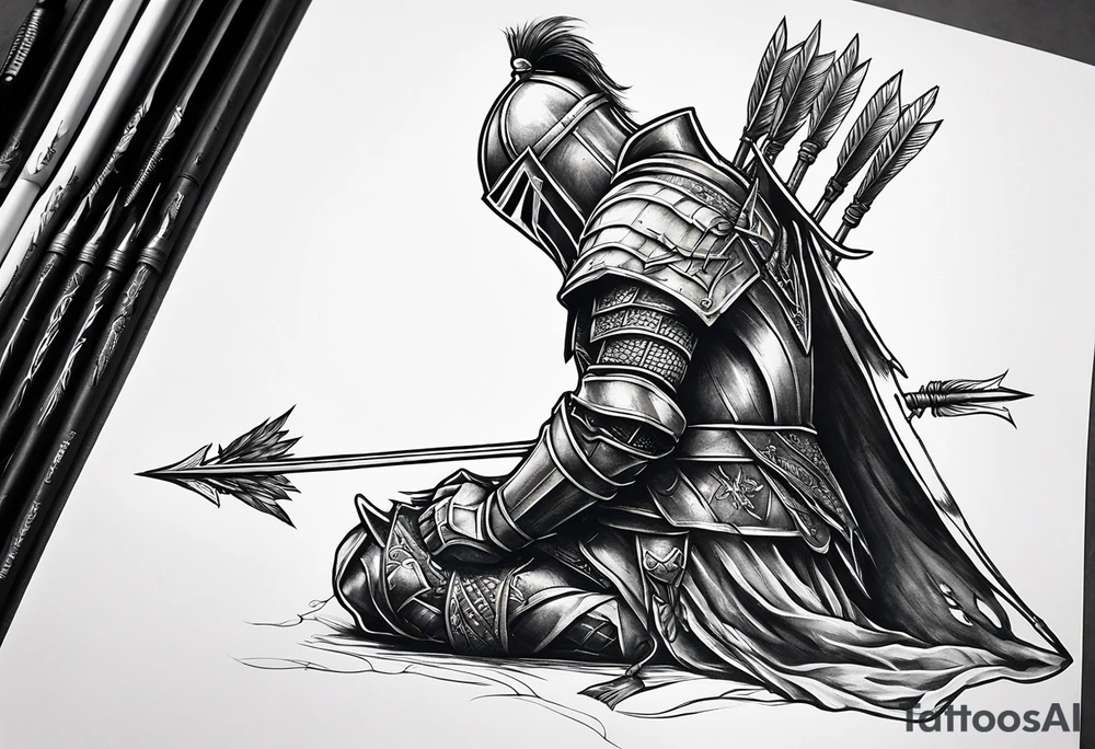Side profile of a dying knight on his knees with five arrows sticking out of his back tattoo idea