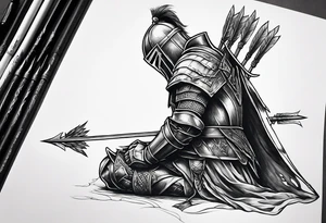Side profile of a dying knight on his knees with five arrows sticking out of his back tattoo idea