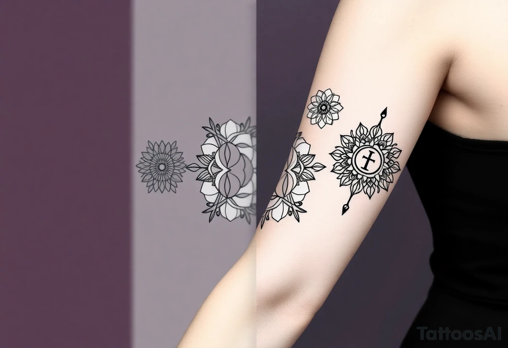 5 Geometric floral circles connected to reflect family unity. Two base elements for my husband and I, intertwined floral patterns like mirrored vines or spiral paisleys representing our identical twins, and a Gemini zodiac sign for my son. Use feminine-yet-bold linework and Interconnected elements tattoo idea