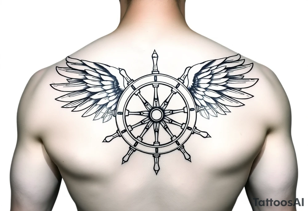 Sketch style geometric tattoo design of a ship steering wheel with sharp, structured wings. Fine lines, architectural guidelines, sacred geometry elements, black and grey ink, highly detailed hub and spokes, dynamic motion effect, artistic blueprint style, isolated on clean white background. tattoo idea