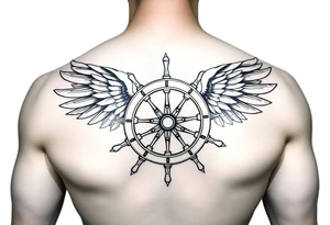 Sketch style geometric tattoo design of a ship steering wheel with sharp, structured wings. Fine lines, architectural guidelines, sacred geometry elements, black and grey ink, highly detailed hub and spokes, dynamic motion effect, artistic blueprint style, isolated on clean white background. tattoo idea