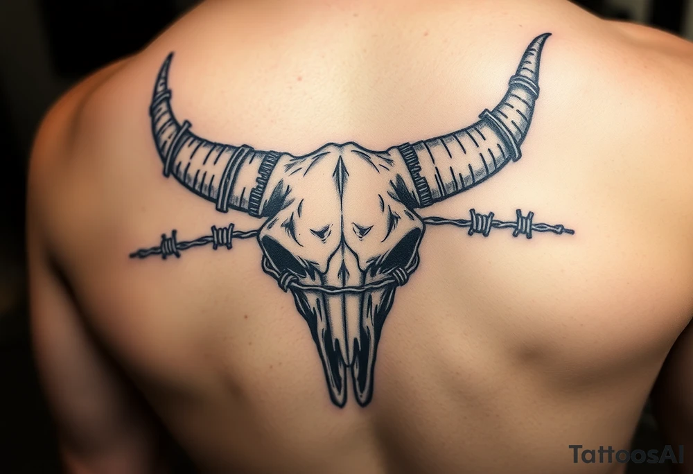 Long horn scull wrapped in barbed wire tattoo idea