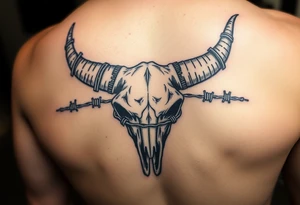 Long horn scull wrapped in barbed wire tattoo idea