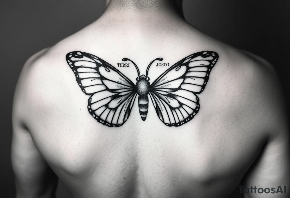 aries zodiac sign turned into a butterfly with the names terri and justo incorporated tattoo idea