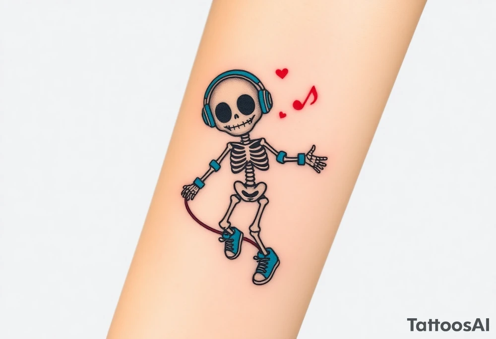 Cute smiley skeleton with love in his eyes jumping on a jump rope with blue headphones blue armbands blue sneakers and colorful  music notes around his head tattoo idea