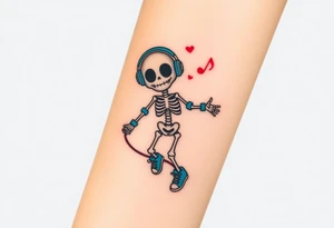 Cute smiley skeleton with love in his eyes jumping on a jump rope with blue headphones blue armbands blue sneakers and colorful  music notes around his head tattoo idea