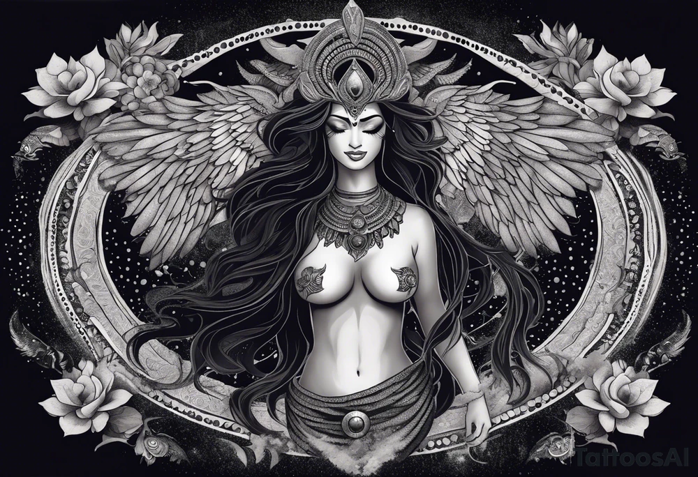 black kali, goddess pirate, alien, angel, pachamama, valkrye, warrior, flying, skull, lotus azul, wing, eagle, zenza resonance, stars, 5D, anahata chakra, death, durga, riding on a tiger, flying lady, kundalini, chest tatoo, samuri, rebel,serpent tattoo idea