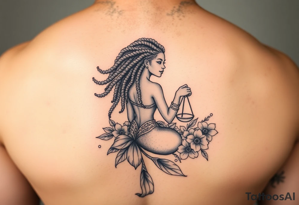 Mermaid, black woman, garden, and flowers, libra, hairstyle of loc include libra symbol tattoo idea