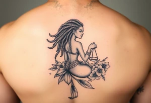 Mermaid, black woman, garden, and flowers, libra, hairstyle of loc include libra symbol tattoo idea