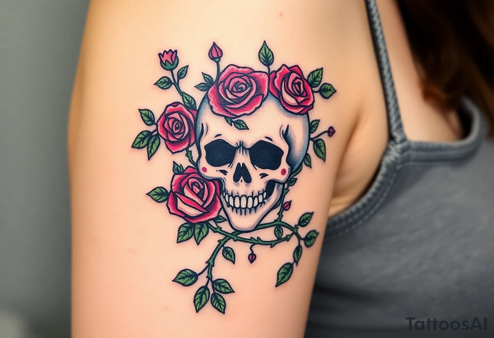 gothic skull intertwined with climbing roses and thorny vines tattoo idea