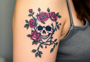 gothic skull intertwined with climbing roses and thorny vines tattoo idea