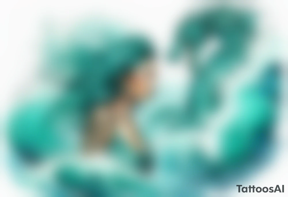 a beautiful turquoise dragon woman emerging from an ocean wave, crashing onto the shore tattoo idea