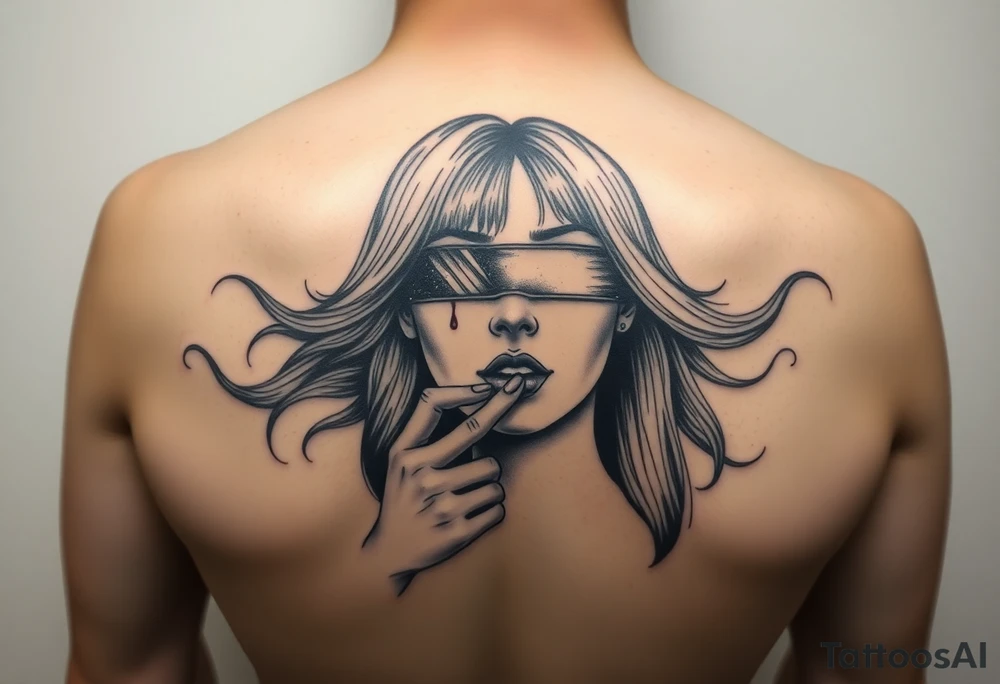 Women that has big eyes but her eyes are not there cause she is blind with a nose and long long hair that is flowing down her chest and back her index finger to her mouth and her ears both are bleeding tattoo idea