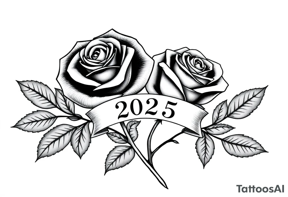two beautiful large rose buds, one larger than the other, with many leaves next to the rose buds, with one sitting higher than the other. Include a banner connecting the two roses with the year "2025" on it.   Use dark outlines with little shading. The two stems should be short, not long, and connect and join into one stem, whimsically curved or twisted - not straight down. tattoo idea