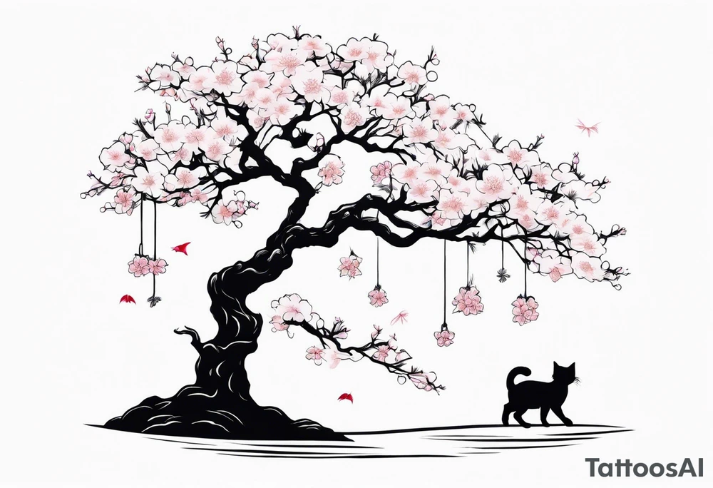 elongated cherry blossom branch meeting with a dying pine tree with hidden cute demon cat tattoo idea