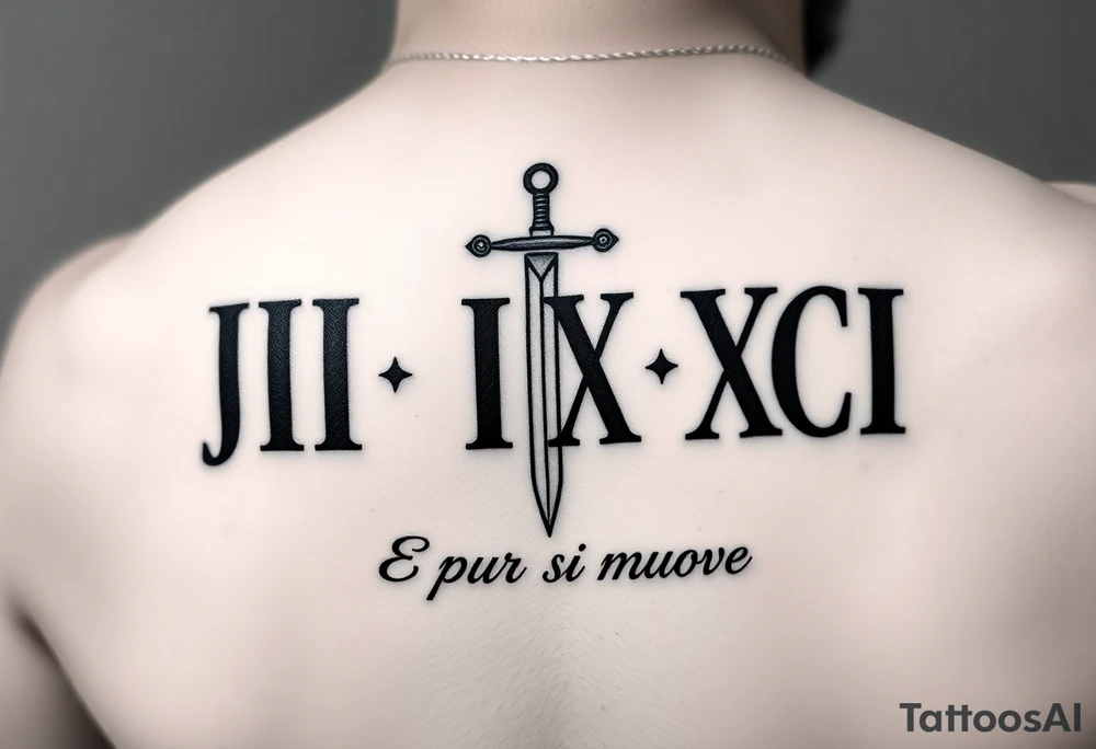 Minimalist Emblem

Combine the Roman numerals III·IX·XCI in an almost runic, minimalist stacked style.
Behind or through it, place a fine-lined sword/dagger, or a subtle cross, integrated into the numbers.
"E pur si muove" could run beneath like a foundation line, or curve around the emblem like a banner.
Think clean, bold but understated. tattoo idea