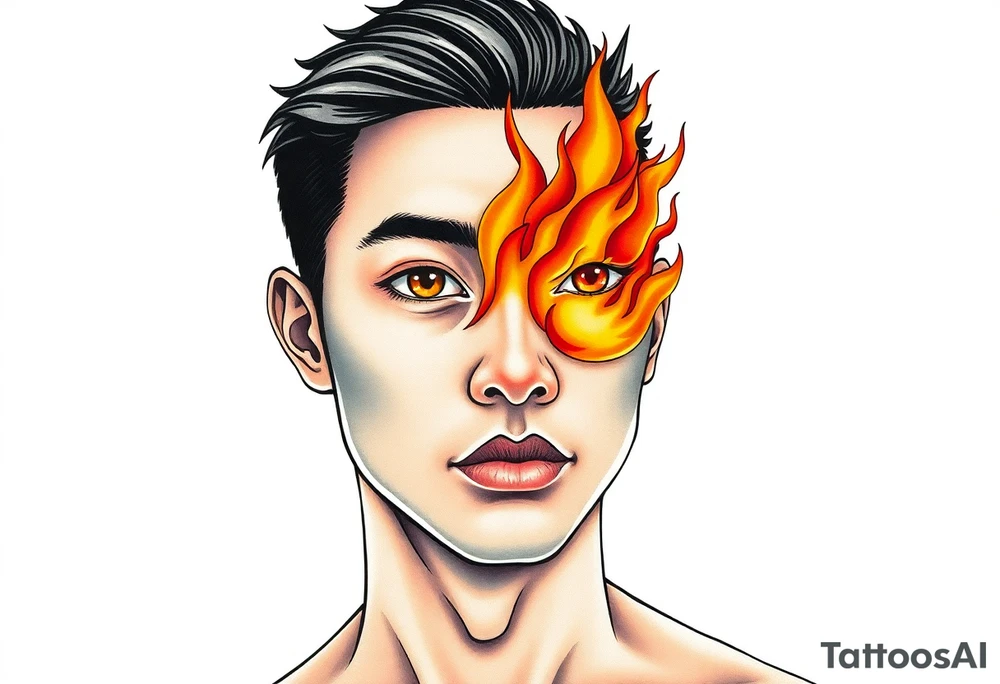 Handsome Asian young guy with flame instead of eyes tattoo idea