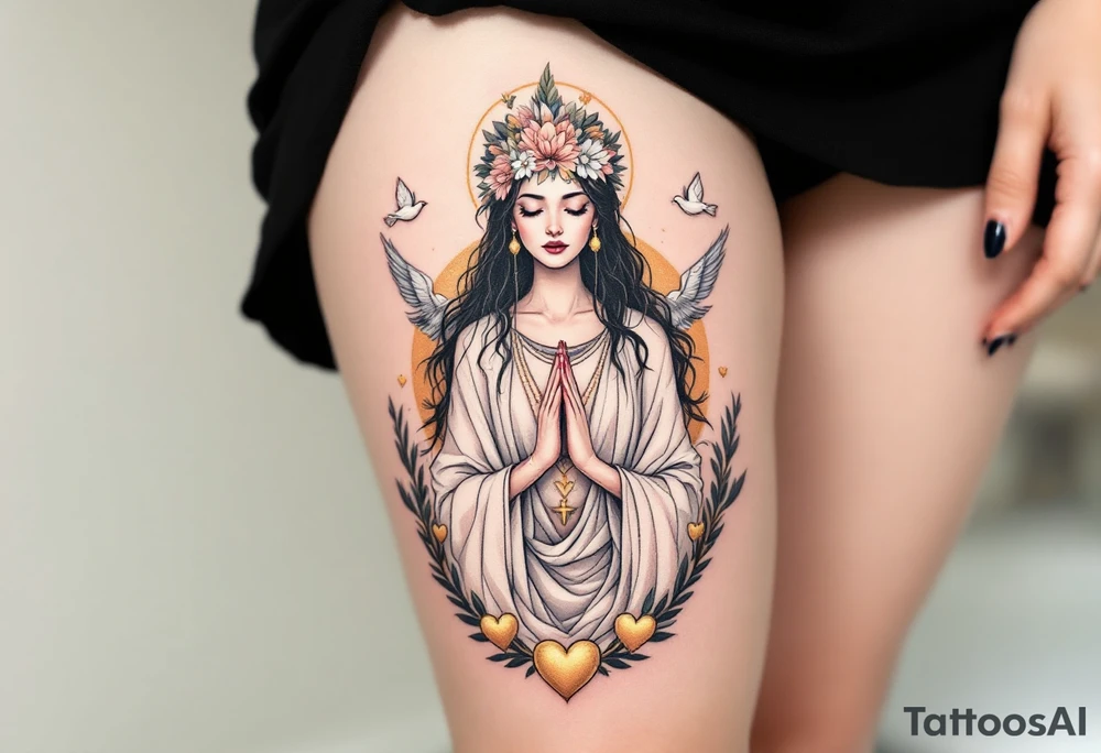 Lada Goddess – A serene figure in white and pale pink robes, crowned with flowers, surrounded by doves and hearts of gold. tattoo idea
