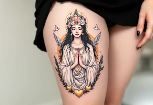 Lada Goddess – A serene figure in white and pale pink robes, crowned with flowers, surrounded by doves and hearts of gold. tattoo idea