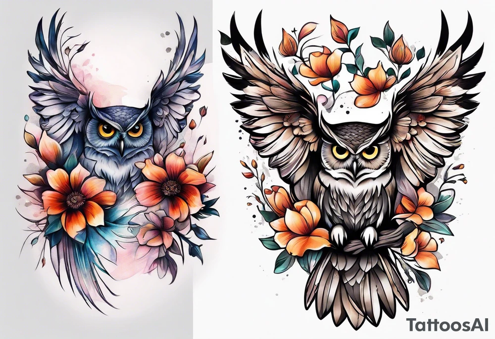 Owl and flowers full arm sleeve tattoo idea