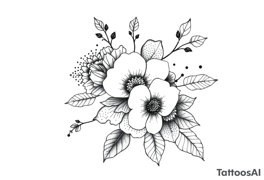 floral composition with japanese vibe, mutiple ornemental patern and leaf tattoo idea